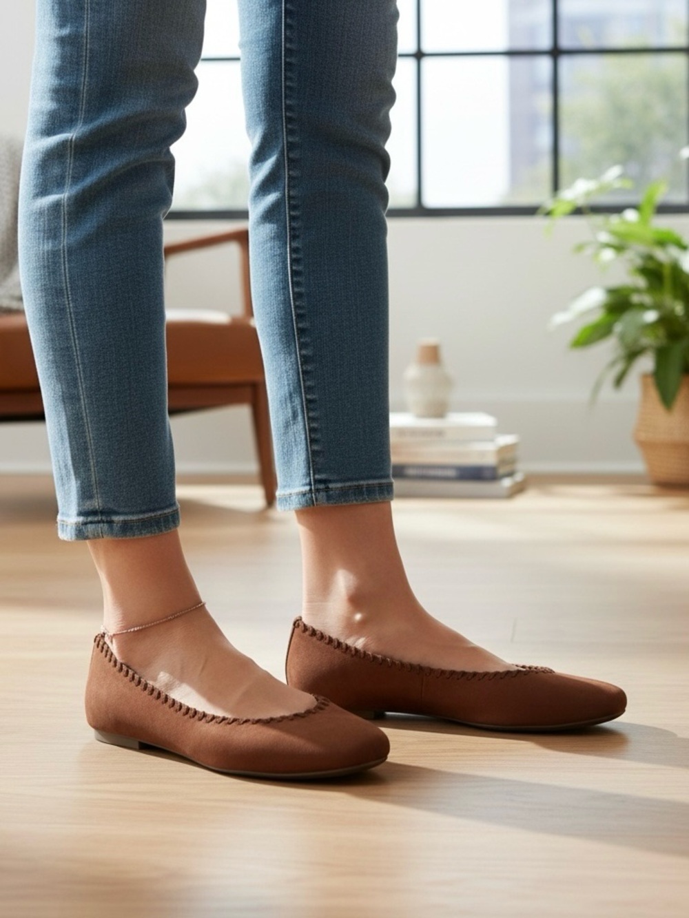 Joie Suede Ballet Flats 9.5 Brown Square Toe Whipstitch Boho - Picture 12 of 12